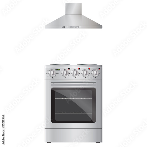Modern  electric oven silver color and  extractor hood silver co