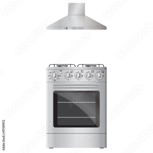 Gas stove and hood. Vector realistic image. Isolated on white ba