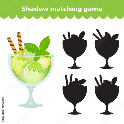 Children's educational game, find correct shadow silhouette. Sweets, ice cream, set the game to find the right shade. Vector illustration