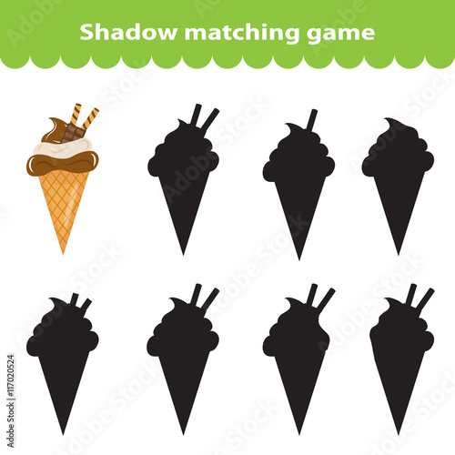 Children's educational game, find correct shadow silhouette. Sweets, ice cream, set the game to find the right shade. Vector illustration