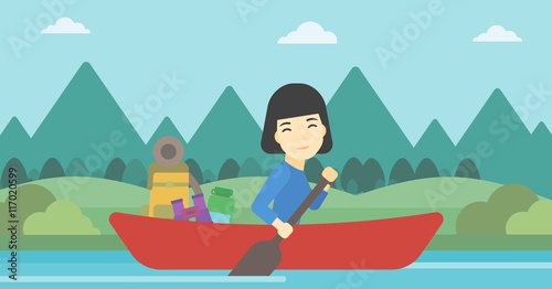 Woman riding in kayak vector illustration.
