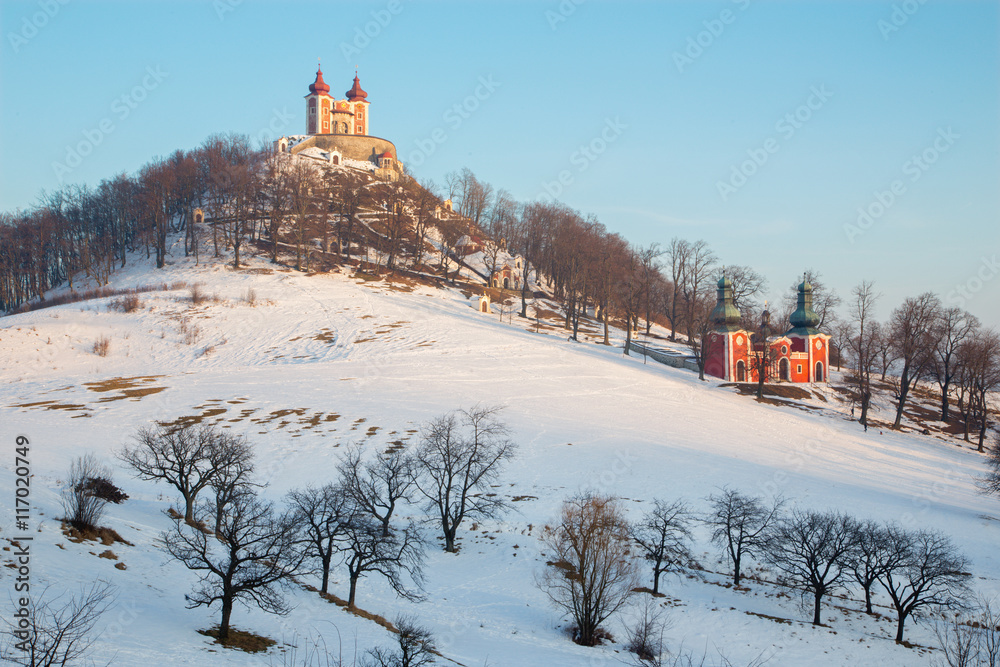 Banska Stiavnica - The baroque calvary built in years 1744 - 1751 in winter evening