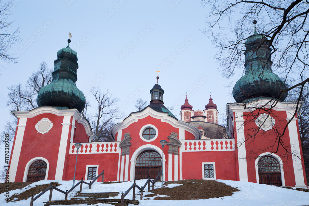Banska Stiavnica - The lower church of baroque calvary built in years 1744 - 1751 in winter dusk.
