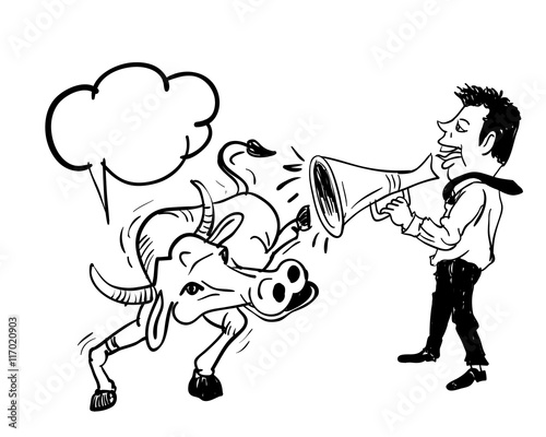 Business man speaking by using bullhorn to buffalo photo