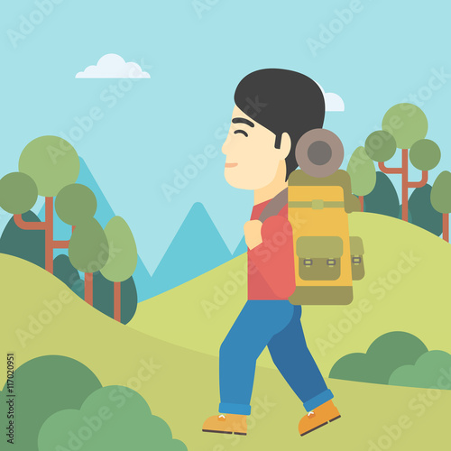 Man with backpack hiking vector illustration.