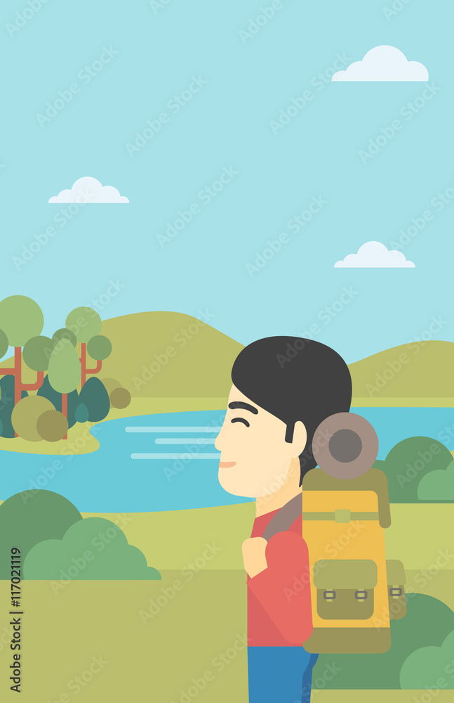 Man with backpack hiking vector illustration.