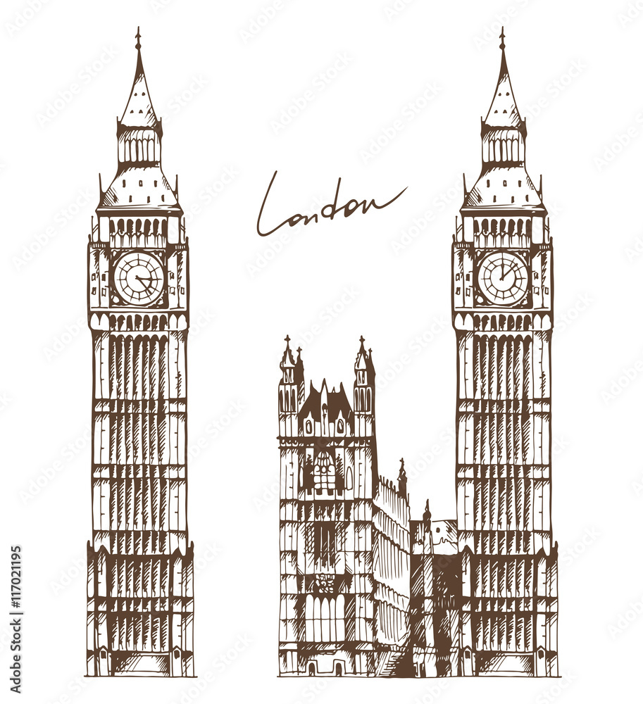 Fototapeta premium Elizabeth Tower (Big Ben) and Palace of Westminster hand drawn