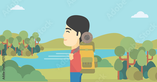 Man with backpack hiking vector illustration.