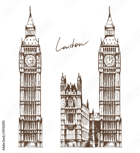 Elizabeth Tower (Big Ben) and Palace of Westminster hand drawn