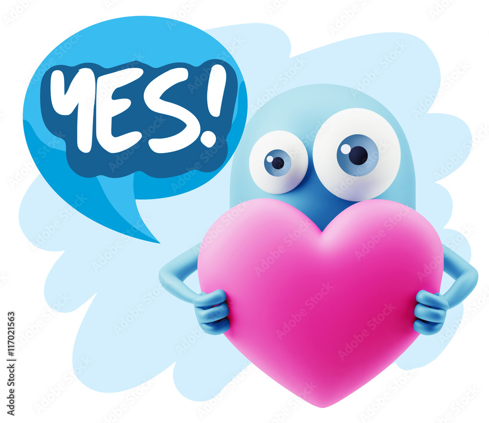 Fototapeta premium 3d Rendering. Love Emoticon Face Holding Heart saying Yes with C