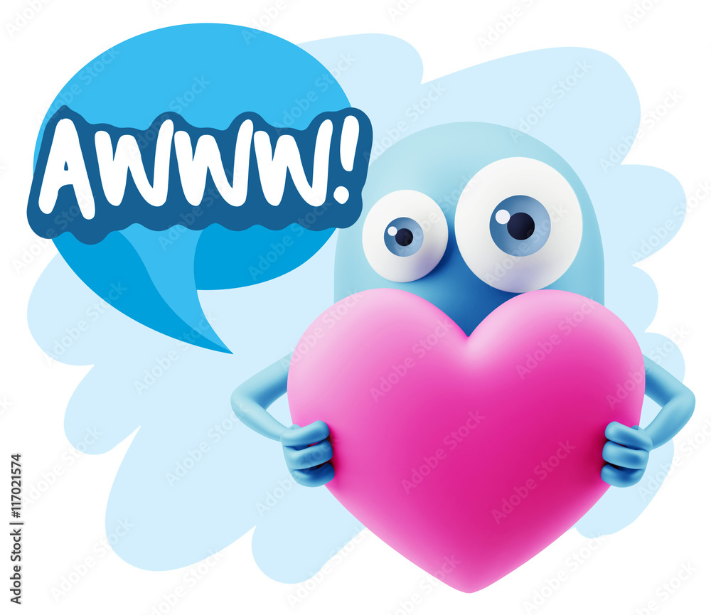 3d Rendering. Love Emoticon Face Holding Heart saying Awww with 3d Rendering. Love Emoticon Face Holding Heart saying Awww with