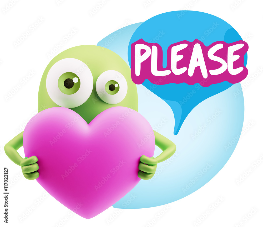 3d Rendering. Love Emoticon Face Holding Heart saying Please wit 3d Rendering. Love Emoticon Face Holding Heart saying Please wit