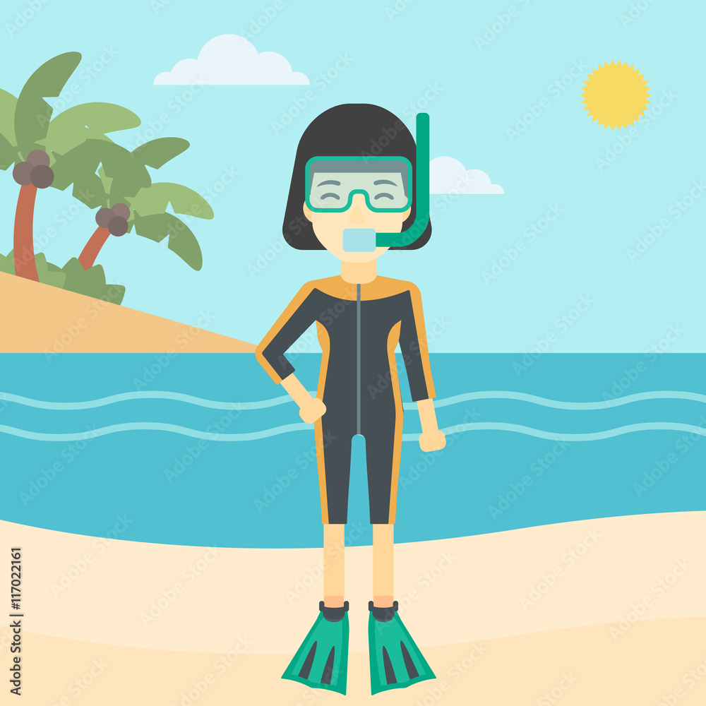 Female scuba diver on beach vector illustration.