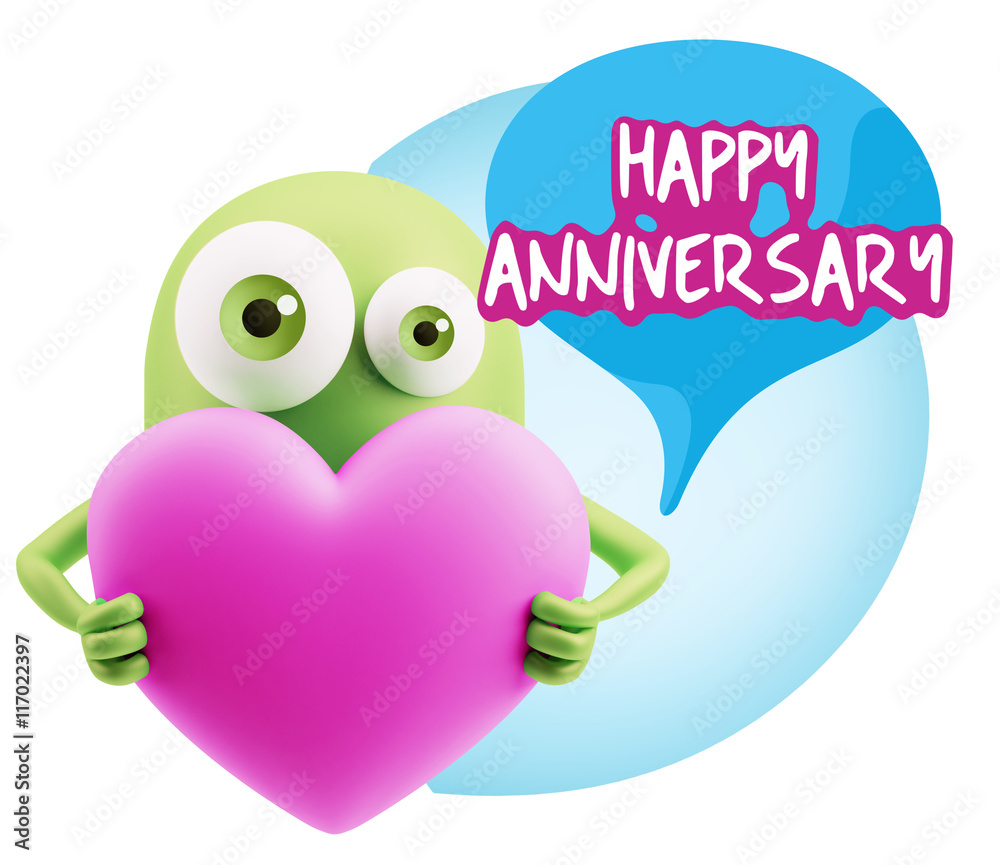 3d Rendering. Love Emoticon Face Holding Heart saying Happy Anni 3d Rendering. Love Emoticon Face Holding Heart saying Happy Anni