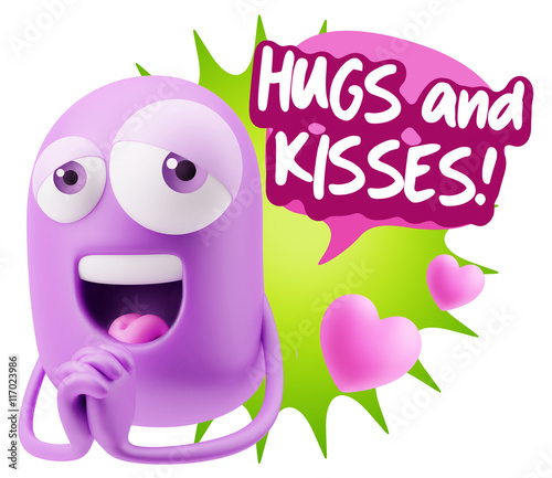  3d Rendering. Love Emoticon Face saying Hugs And Kisses with Co