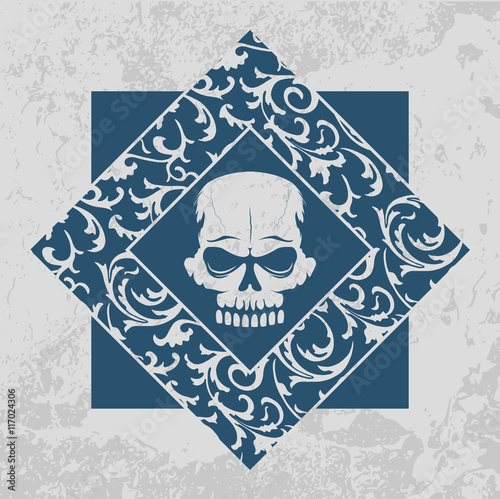 Skull graffiti stencil with floral pattern frame. T-shirt print monochrome design on grunge background. Tattoo or logo vector concept.
