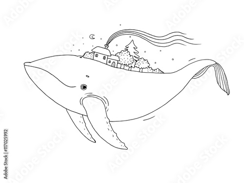 Big beautiful whale with houses and trees in the back.