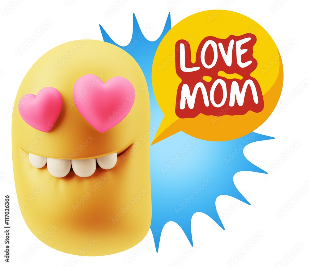 3d Rendering. Emoji in love with heart eyes saying Love Mom with 3d Rendering. Emoji in love with heart eyes saying Love Mom with