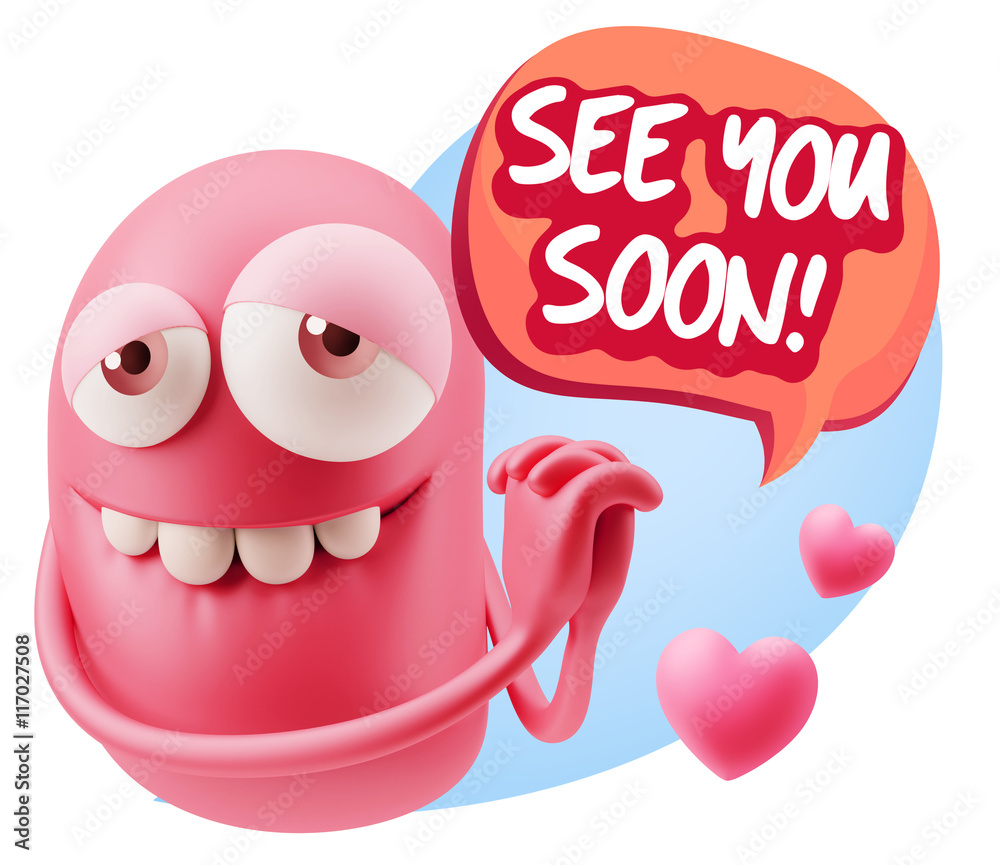 3d Rendering. Emoji in love with hearts shapes saying See You S 3d Rendering. Emoji in love with hearts shapes saying See You S