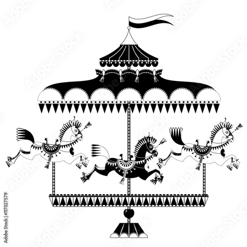 Vintage carousel with horses. Black and white.