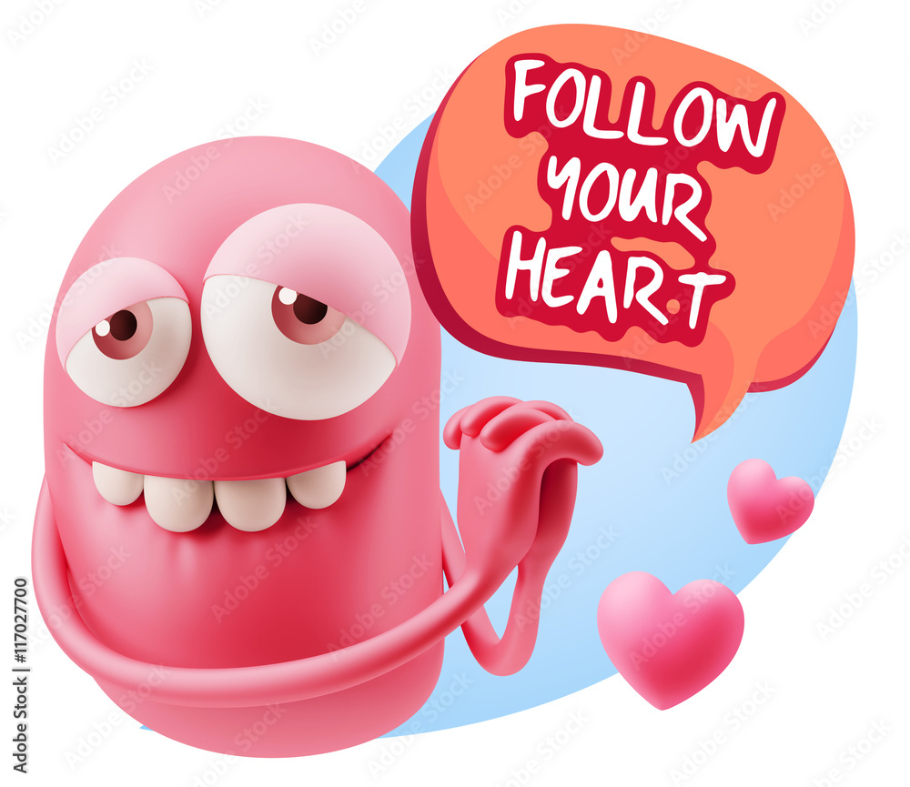  3d Rendering. Emoji in love with hearts shapes saying Follow Yo
