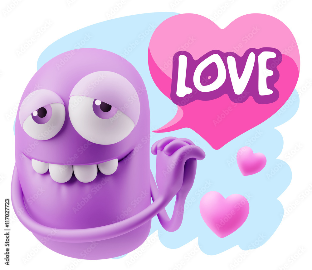 3d Rendering. Emoji in love with hearts shapes saying Love with 3d Rendering. Emoji in love with hearts shapes saying Love with