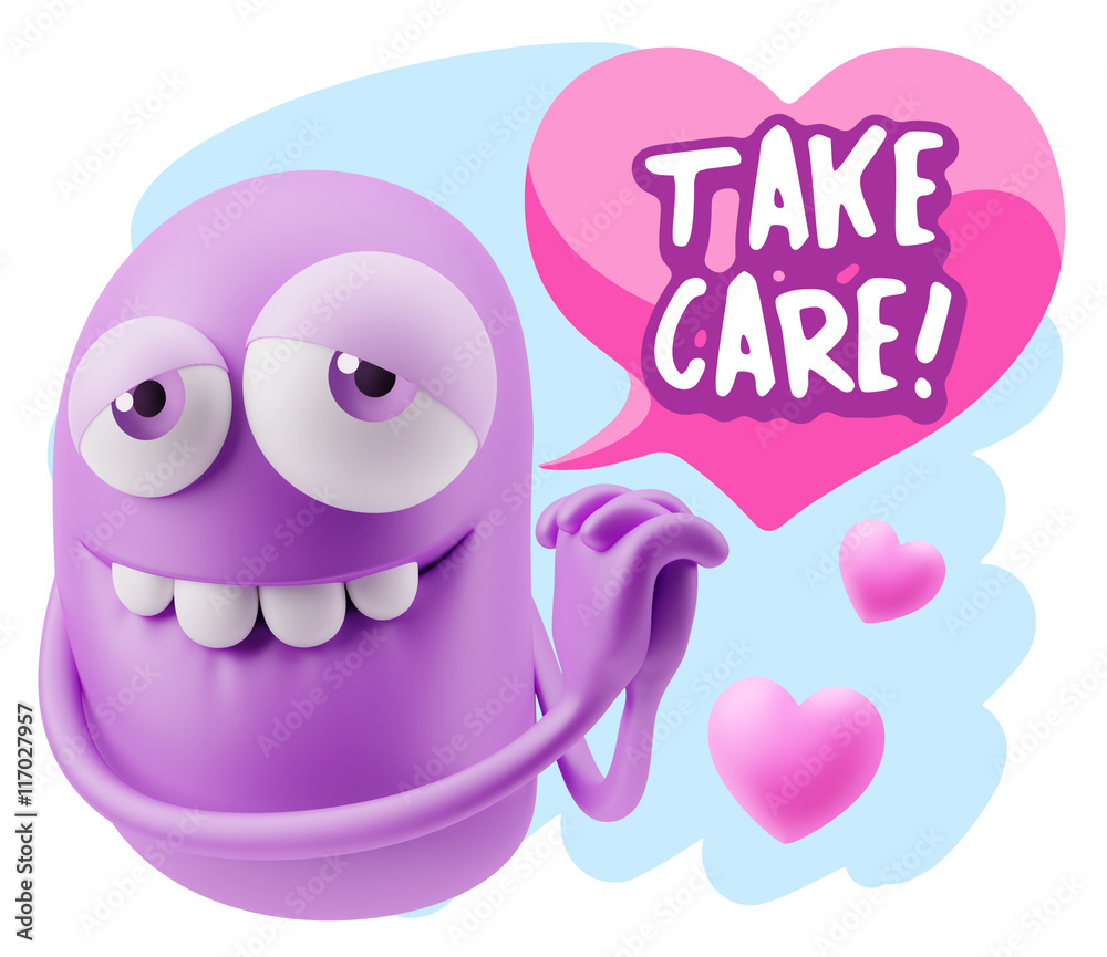 3d Rendering. Emoji in love with hearts shapes saying Take Care 3d Rendering. Emoji in love with hearts shapes saying Take Care