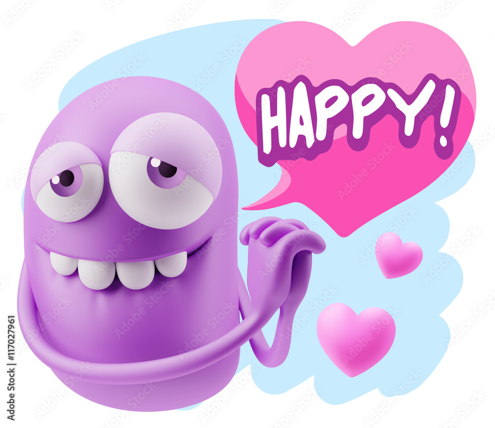 3d Rendering. Emoji in love with hearts shapes saying Happy wit 3d Rendering. Emoji in love with hearts shapes saying Happy wit