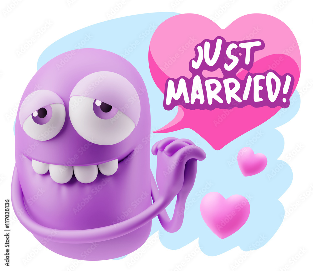 3d Rendering. Emoji in love with hearts shapes saying Just Marr 3d Rendering. Emoji in love with hearts shapes saying Just Marr