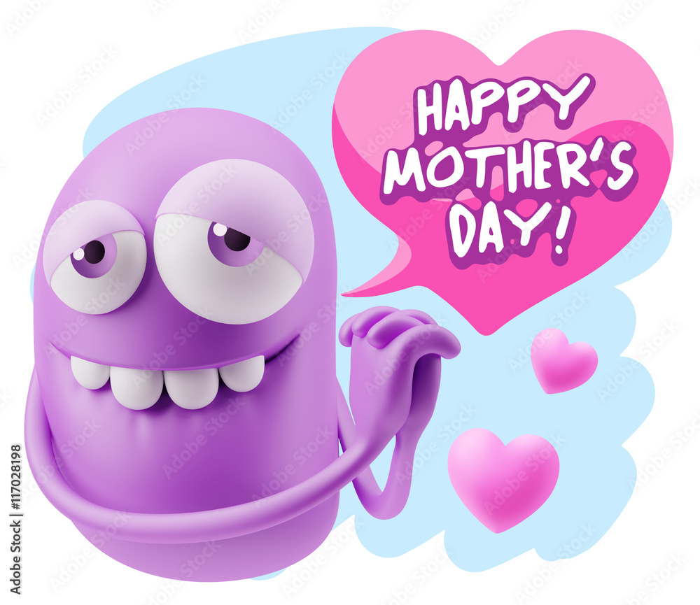 3d Rendering. Emoji in love with hearts shapes saying Happy Mot 3d Rendering. Emoji in love with hearts shapes saying Happy Mot