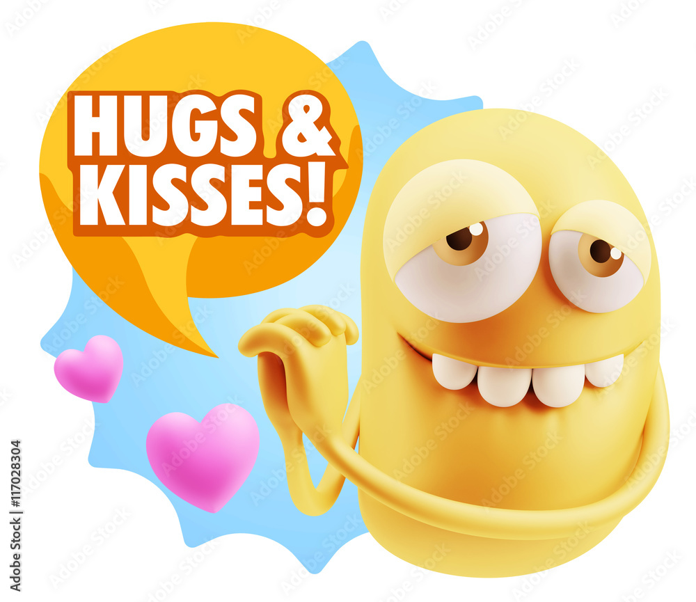 3d Rendering. Emoji in love with hearts shapes saying Hugs And 3d Rendering. Emoji in love with hearts shapes saying Hugs And