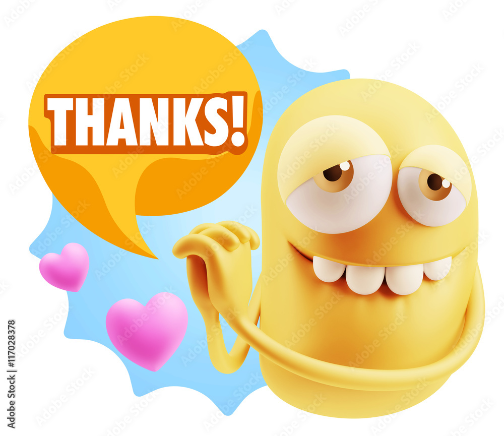  3d Rendering. Emoji in love with hearts shapes saying Thanks wi