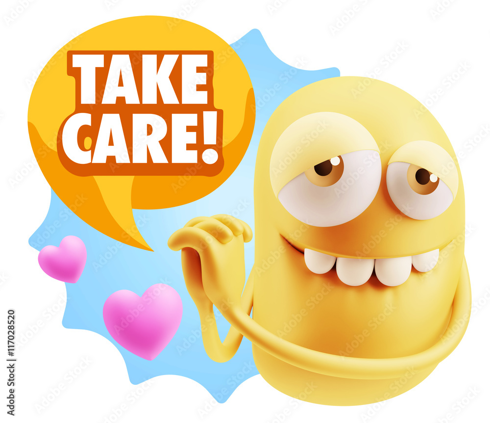3d Rendering. Emoji in love with hearts shapes saying Take Care 3d Rendering. Emoji in love with hearts shapes saying Take Care