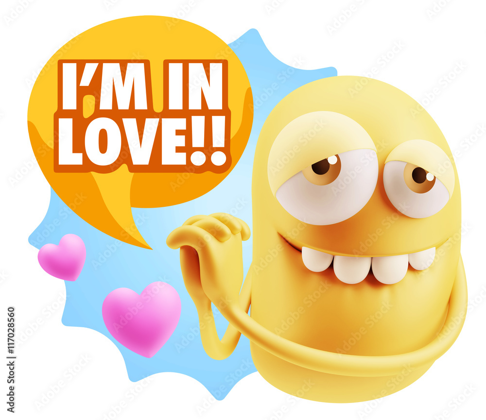 3d Rendering. Emoji in love with hearts shapes saying I'm in Lo 3d Rendering. Emoji in love with hearts shapes saying I'm in Lo