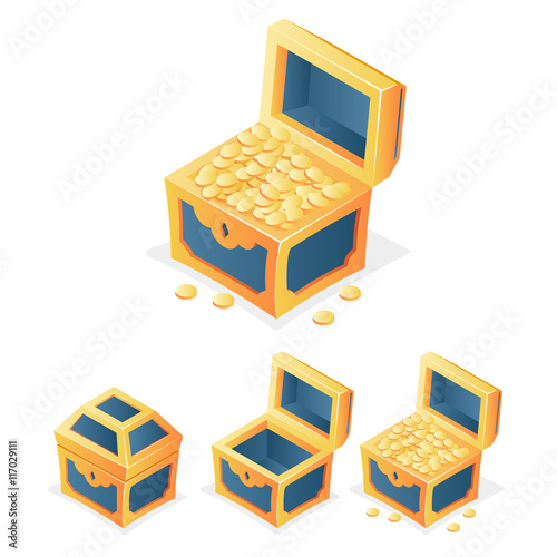 RPG Game Icon Treasure Chest with Coins Closed Open Empty Isolated Template Vector Illustration