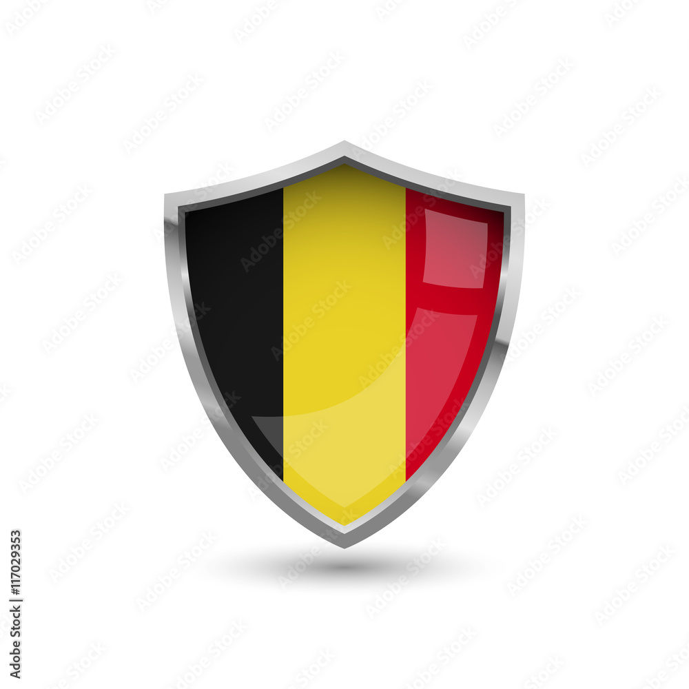 Fototapeta premium National flag of Belgium. Flag on the metal shield with glare.