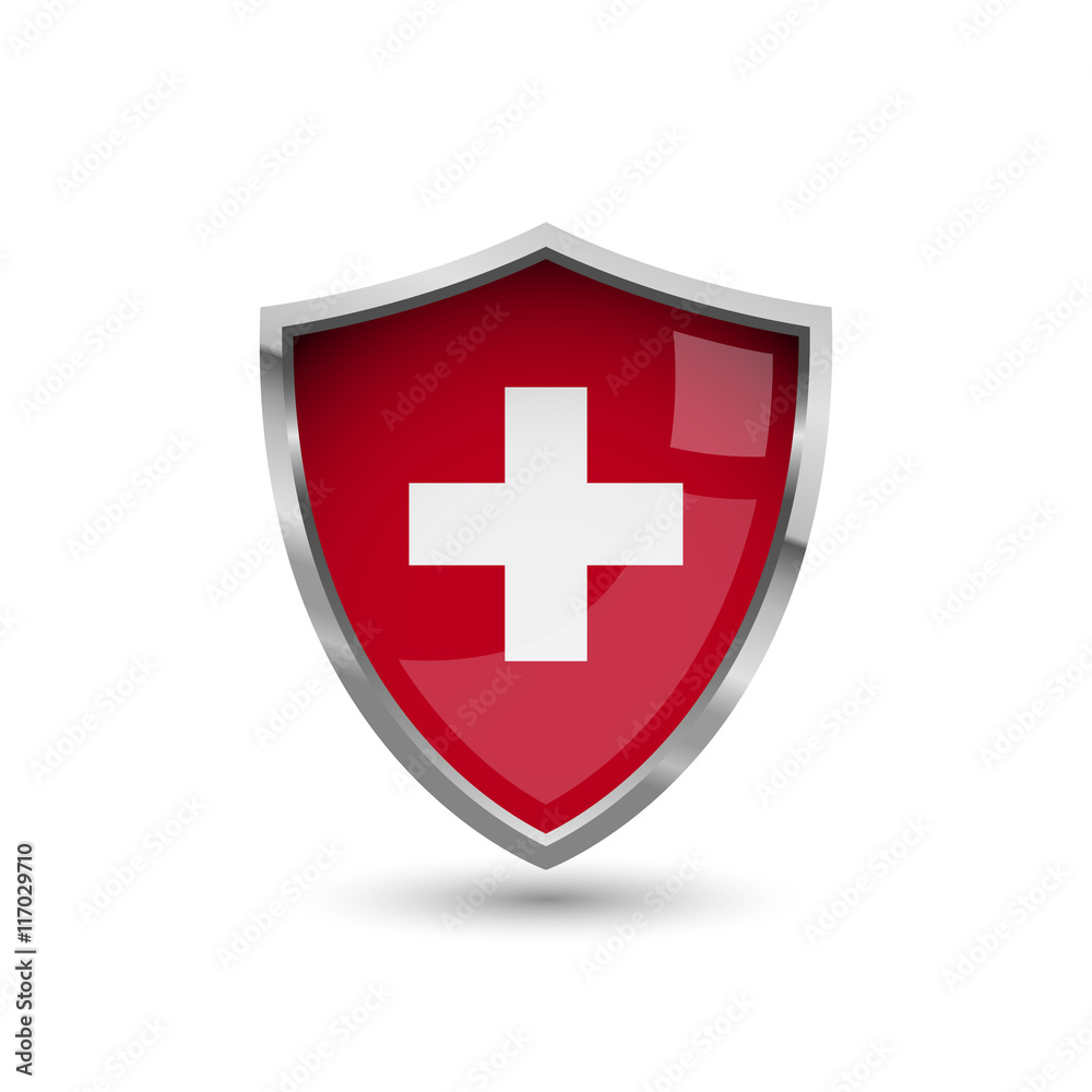 National flag of Switzerland. Flag on the metal shield with glare. National flag of Switzerland. Flag on the metal shield with glare.