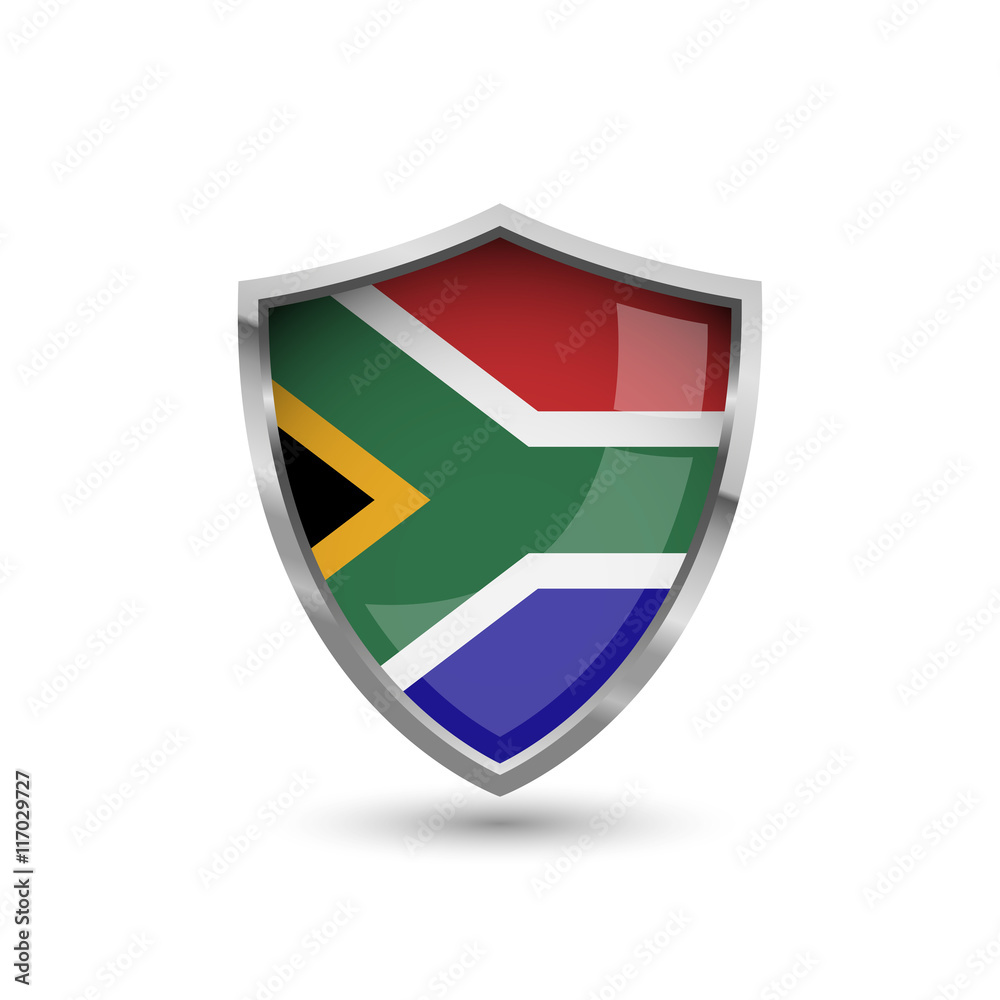 National flag of South Africa. Flag on the metal shield with glare. National flag of South Africa. Flag on the metal shield with glare.