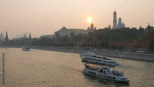 summer sunset in Moscow, pan of city from Bolshoy Moskvoretsky Bridge