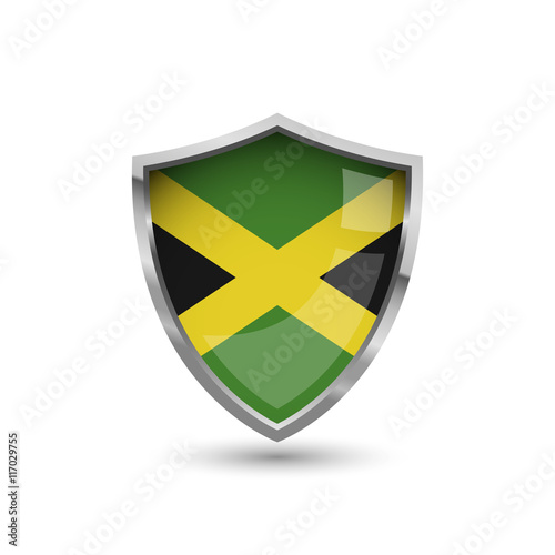 National flag of Jamaica. Flag on the metal shield with glare.