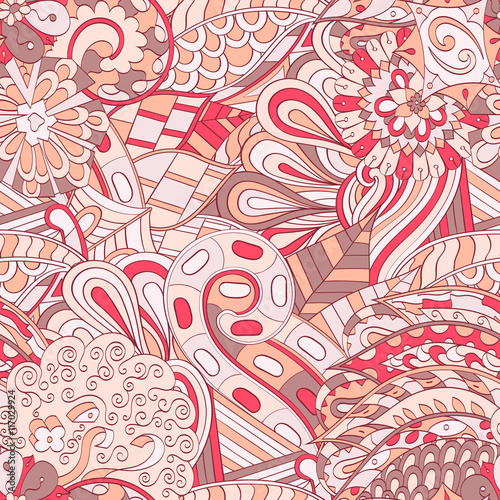 Tracery seamless calming pattern. Mehendi design. Ethnic colorful red doodle texture. Indifferent discreet. Curved doodling mehndi motif. Vector. photo