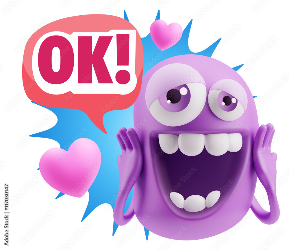 3d Rendering. Love Emoticon Face with hands on cheeks saying Ok 3d Rendering. Love Emoticon Face with hands on cheeks saying Ok