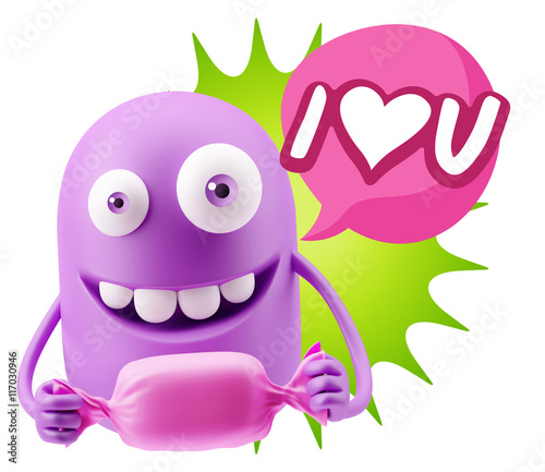 3d Rendering. Candy Gift Emoticon Face saying I Love U with Colo