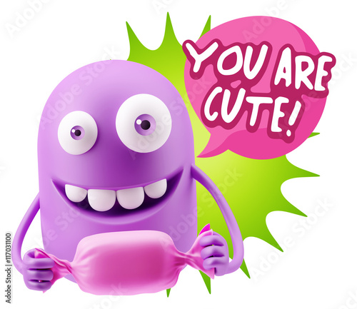 3d Rendering. Candy Gift Emoticon Face saying You Are Cute with