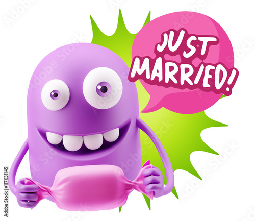3d Rendering. Candy Gift Emoticon Face saying Just Married with