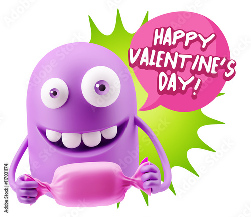 3d Rendering. Candy Gift Emoticon Face saying Happy Valentine's