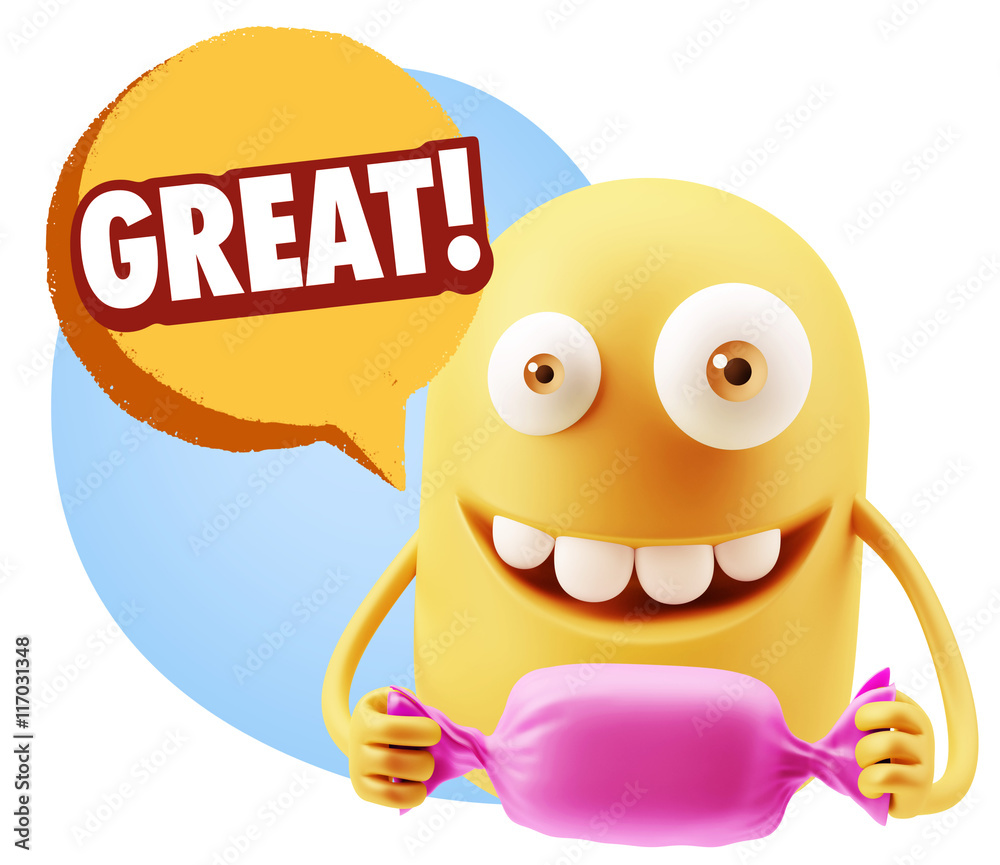 3d Rendering. Candy Gift Emoticon Face saying Great with Colorfu 3d Rendering. Candy Gift Emoticon Face saying Great with Colorfu