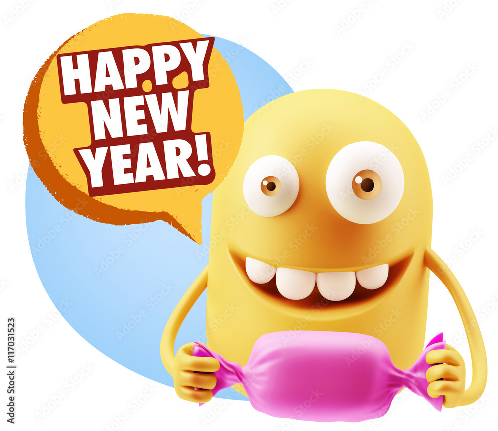3d Rendering. Candy Gift Emoticon Face saying Happy New Year wit 3d Rendering. Candy Gift Emoticon Face saying Happy New Year wit