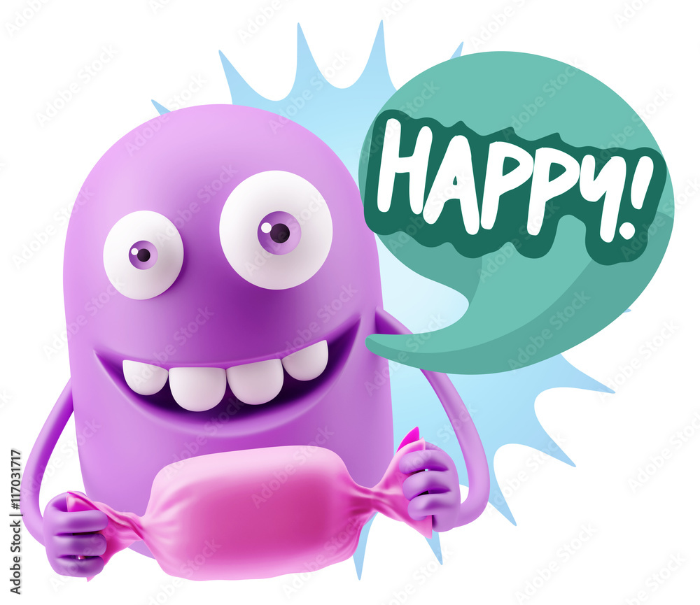 3d Rendering. Candy Gift Emoticon Face saying Happy with Colorfu 3d Rendering. Candy Gift Emoticon Face saying Happy with Colorfu