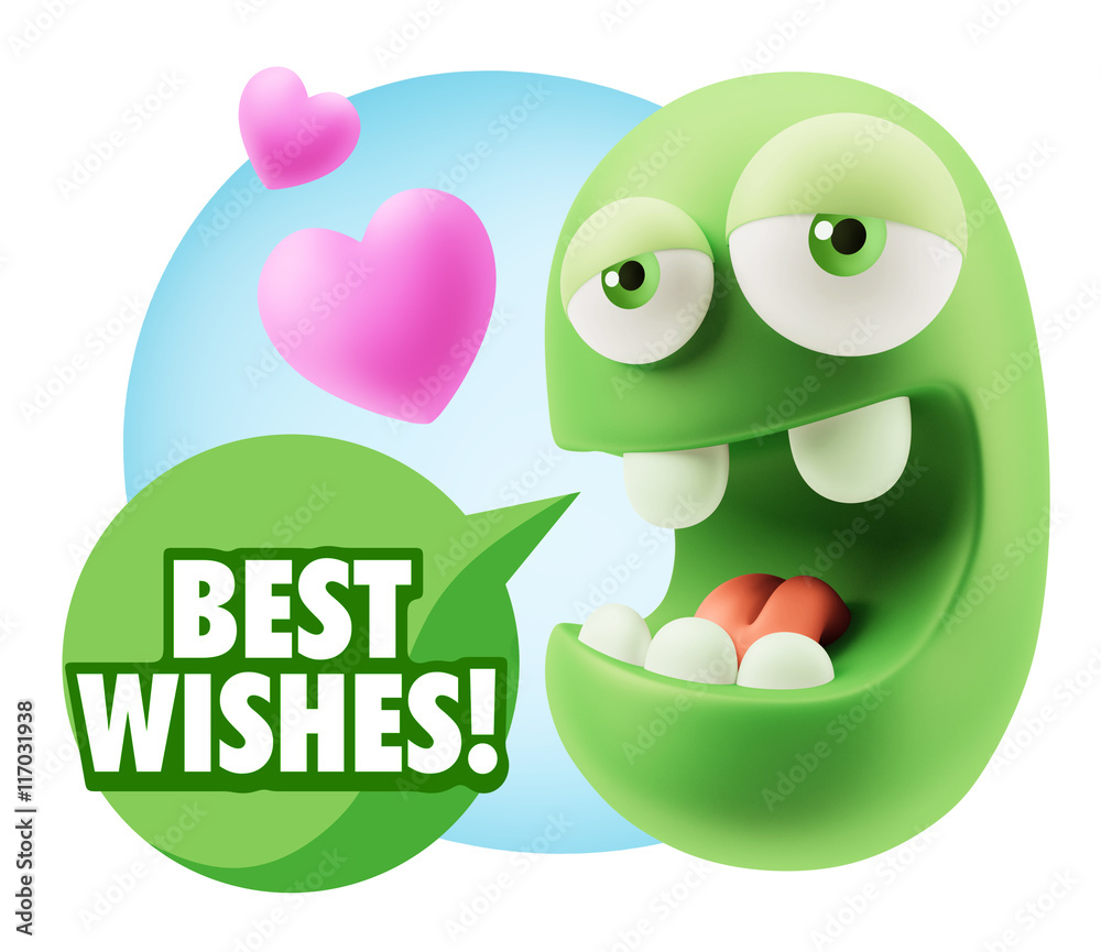 3d Rendering. Emoticon Face in Love saying Best Wishes with Colo